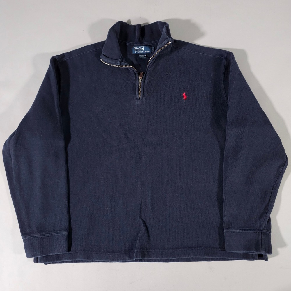 Polo Ralph Lauren Quarter Zip Pullover Mens L Navy Blue Cotton Knit Sweater USA